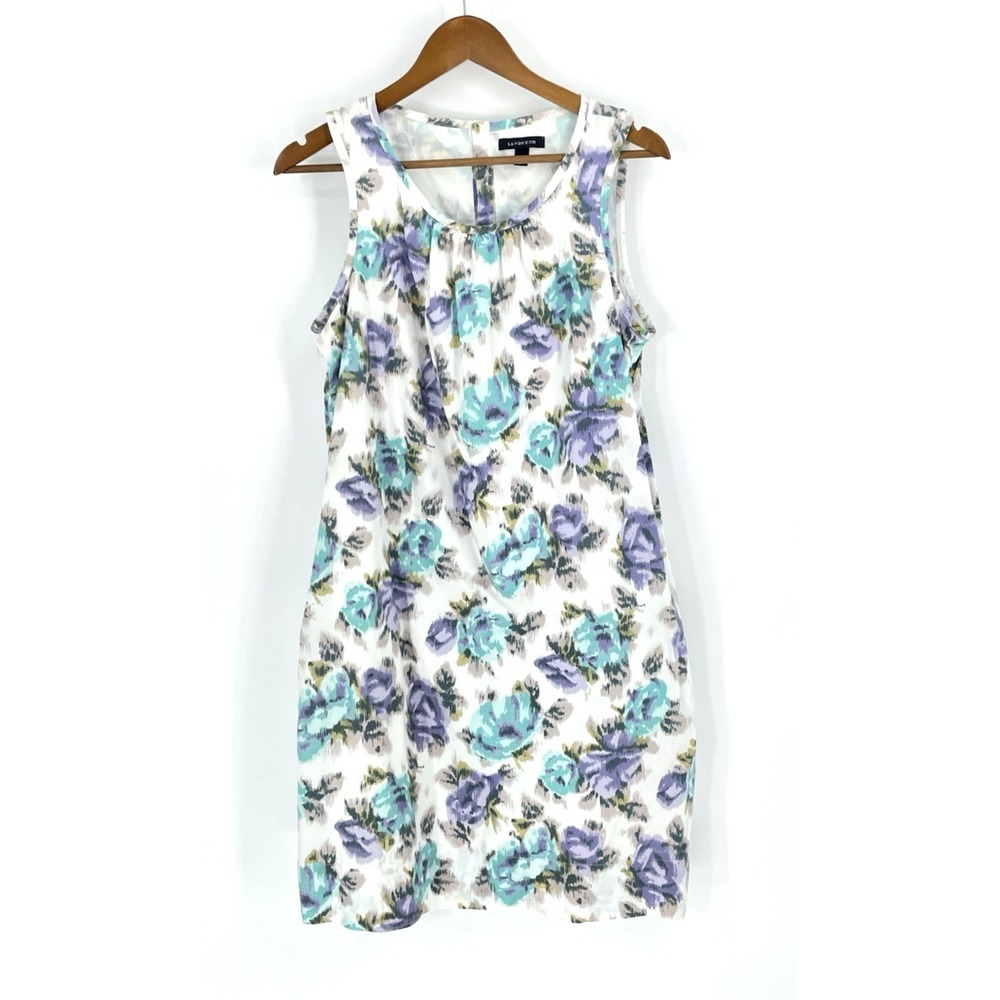 Lands End 8 Petite 12 White Blue Purple Watercolor Floral Shift Dress Pockets